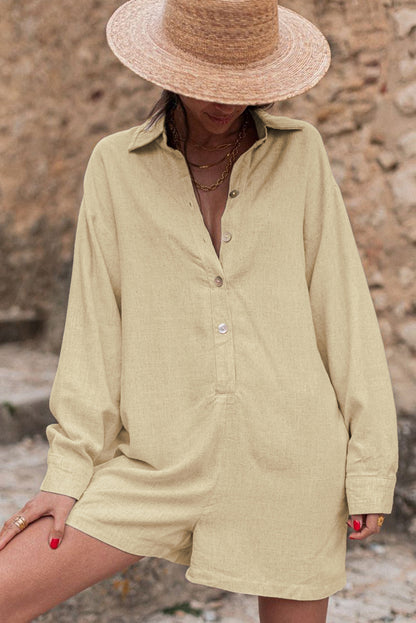 Combinaison ample à manches longues et col chemise à demi-boutons 