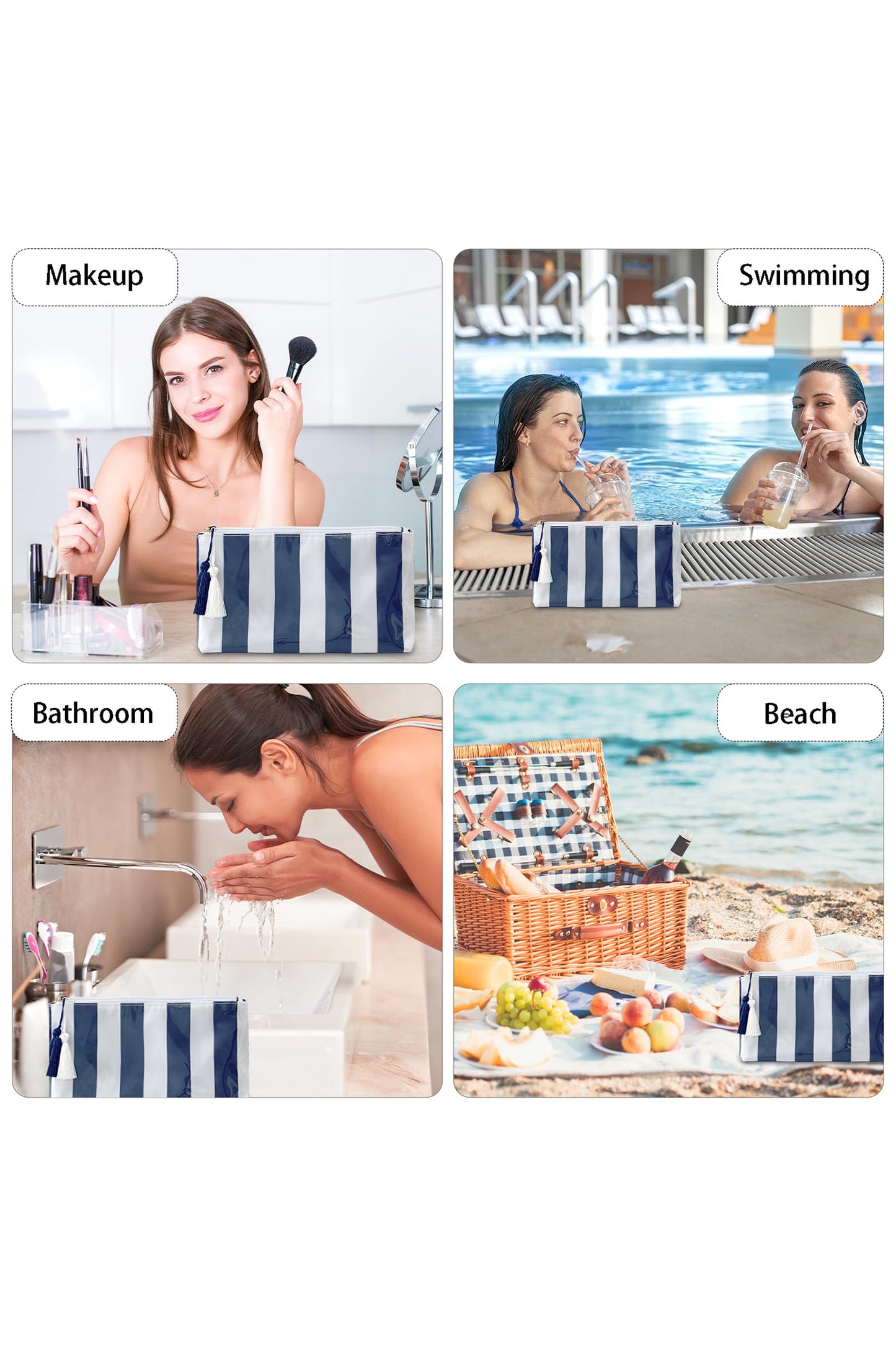 Navy Blue Striped Vinyl Waterproof Tassel Zipper Makeup Bag
