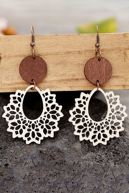 Boucles d'oreilles pendantes rondes en bois à fleurs creuses