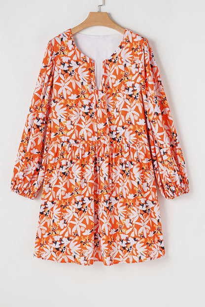 Robe mi-longue orange à imprimé floral, col en V, manches bouffantes, grande taille