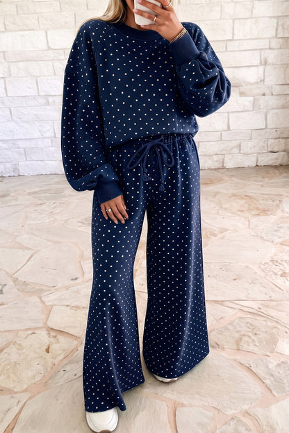 Blue Polka Dot Drawstring Wide Leg Long Sleeve Top Pant Set