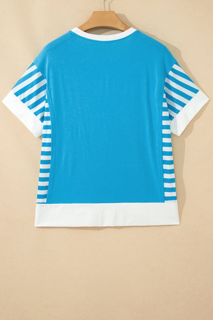 Light Blue Flag Print Patchwork Colorblock July 4th T Shirt