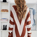 Brown Striped Colorblock V Neck Knitted Sweater