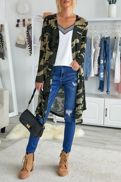 Cardigan long à imprimé camouflage vert