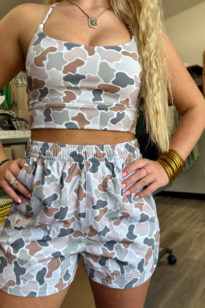 Green Camouflage Printed Cropped Tank Athleisure 2pcs Short Set