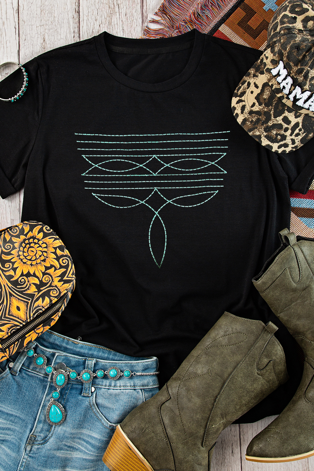 Black Western Fashion Geometric Embroidered T Shirt