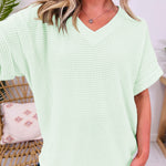 Clearly Aqua Waffle V Neck Short Sleeve Knit Top