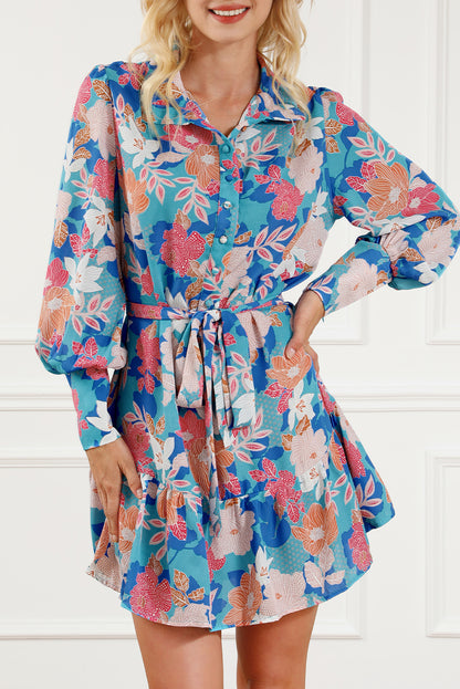 Robe chemise ceinturée à manches lanternes et imprimé floral bleu
