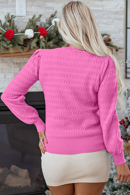 Fiery Red Trendy Pattern Knit Ribbed Cuffs Crew Neck Sweater