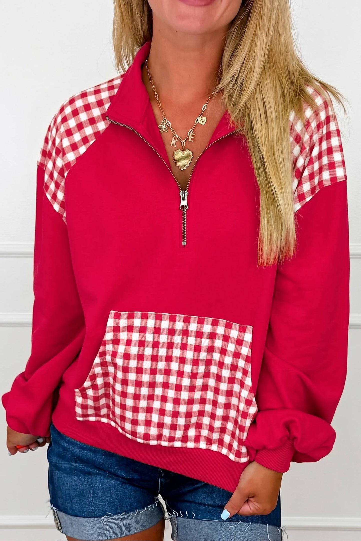 Racing Red Patchwork Plaid Pocket Quarter Zip Sweatshirt