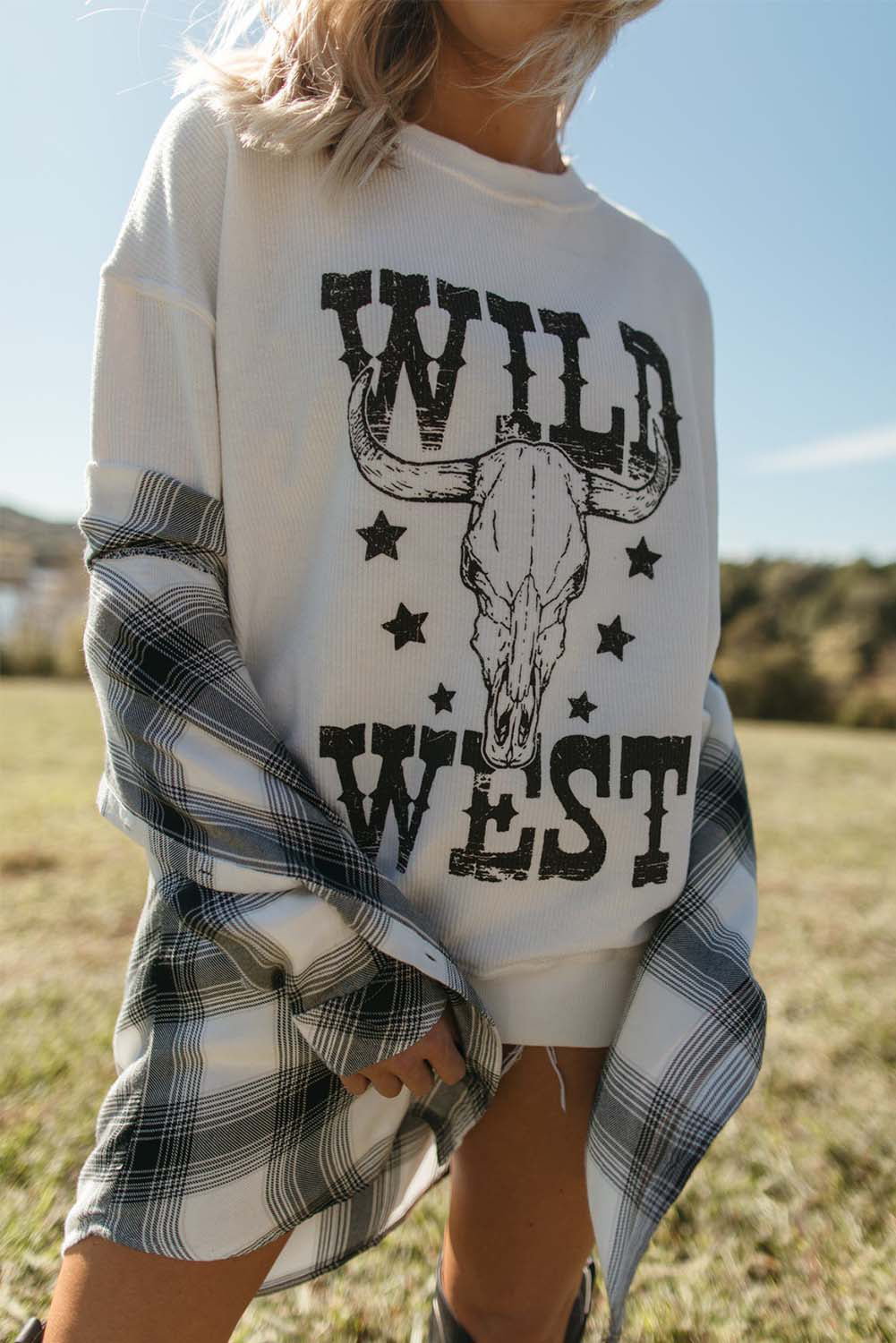 Sweat-shirt côtelé blanc à motif tête de mort WILD WEST