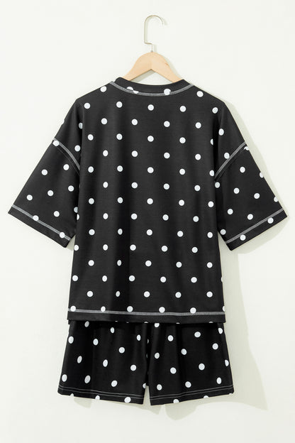 Black Polka Dot Short Sleeve Loose Top Drawstring Shorts Set