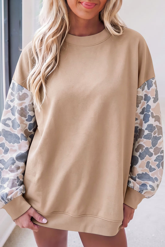 Beige Camouflage Sleeve Crewneck Baggy Pullover Sweatshirt