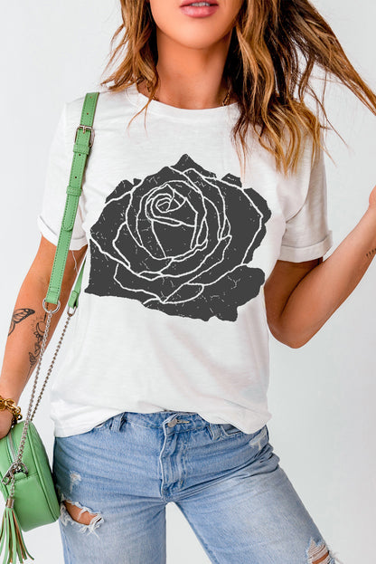 T-shirt col rond blanc à imprimé grandes roses
