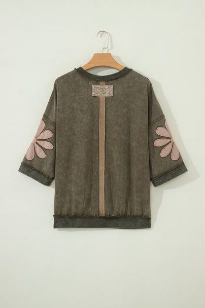 Breen Mineral Wash Raw Seam Patchwork Flower Patched 3/4 Sleeve Oversize Top