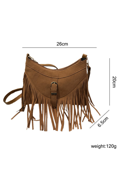 Coffee Faux Suede Boho Fringe Hobo Shoulder Bag
