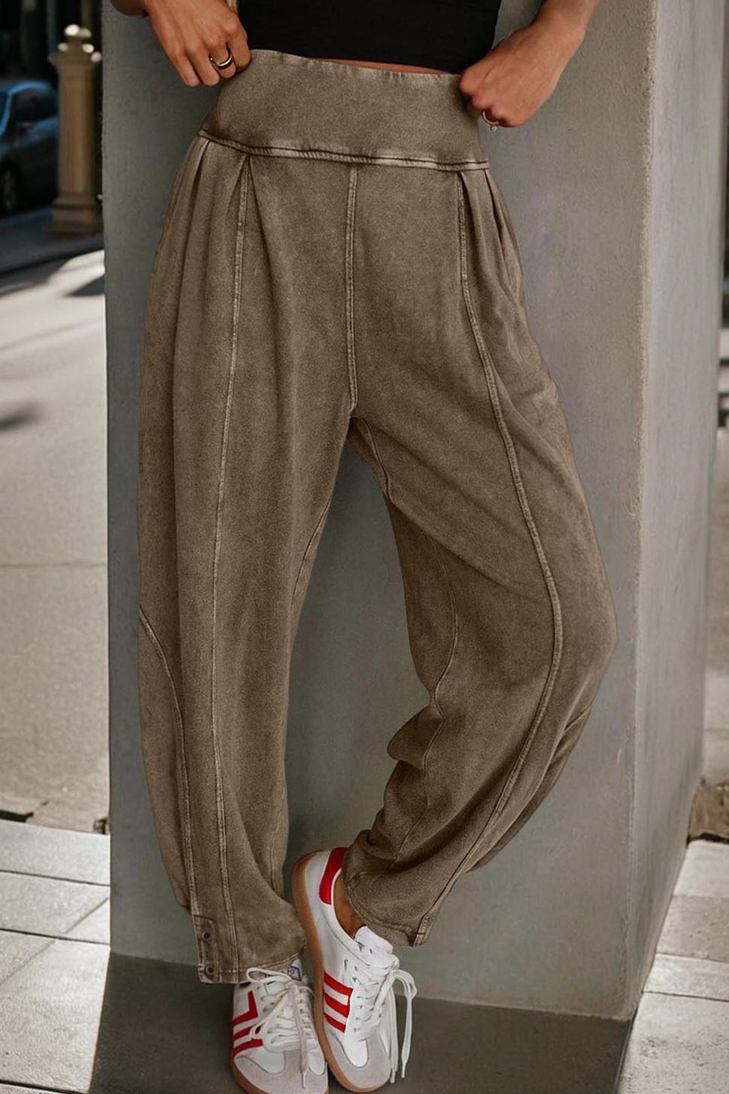 Medium Grey Mineral Wash Jogger Style High Waist Casual Pants
