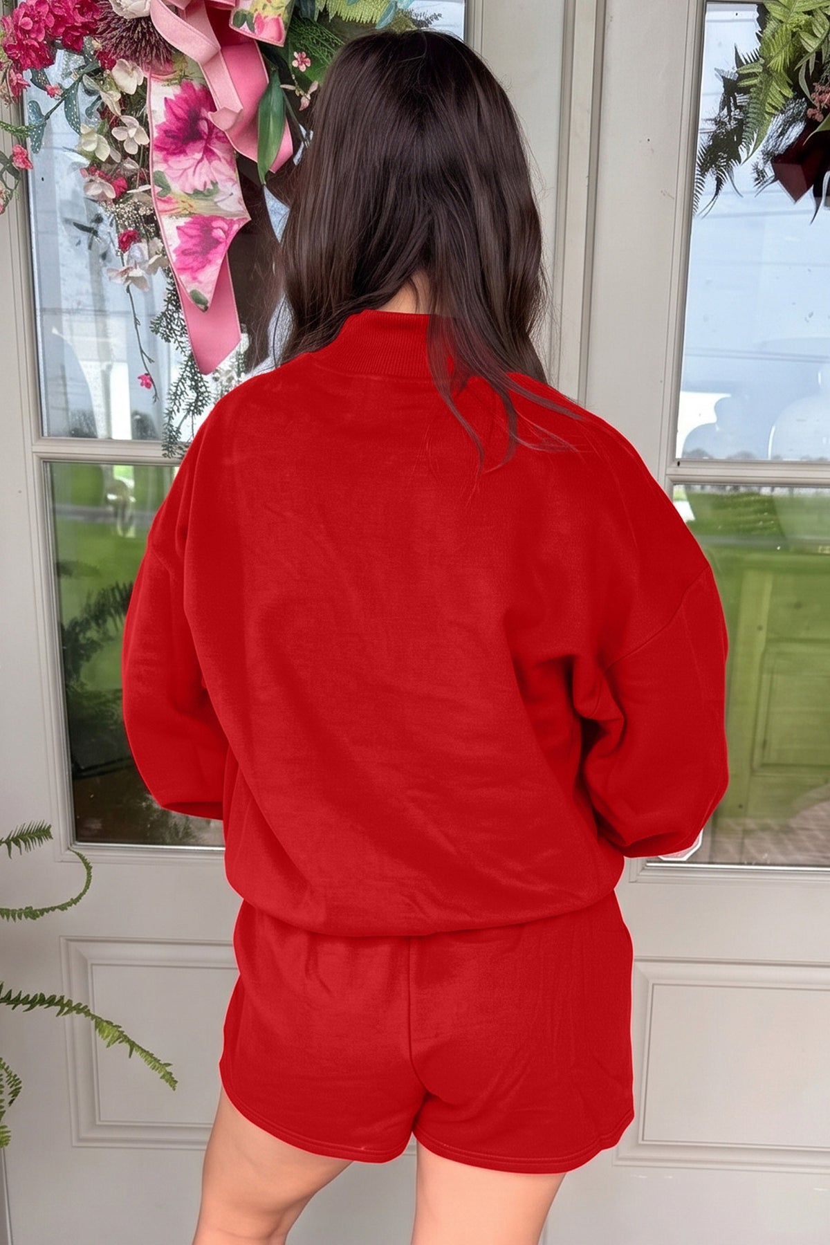 Red Christmas Slogan Print Mock Neck Pullover and Shorts Set