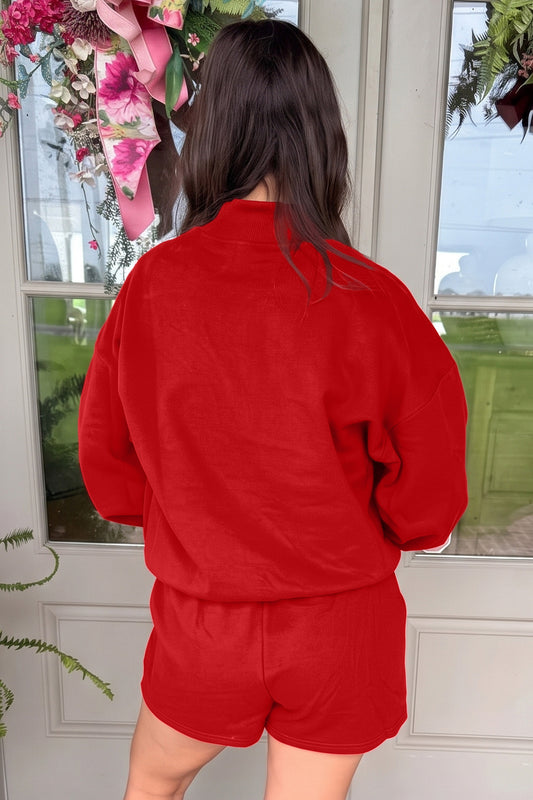 Red Christmas Slogan Print Mock Neck Pullover and Shorts Set