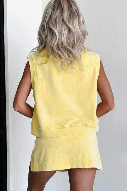 Myosotis Solid Color Washed Sleeveless Top Split Skort Cotton 2pcs Outfit