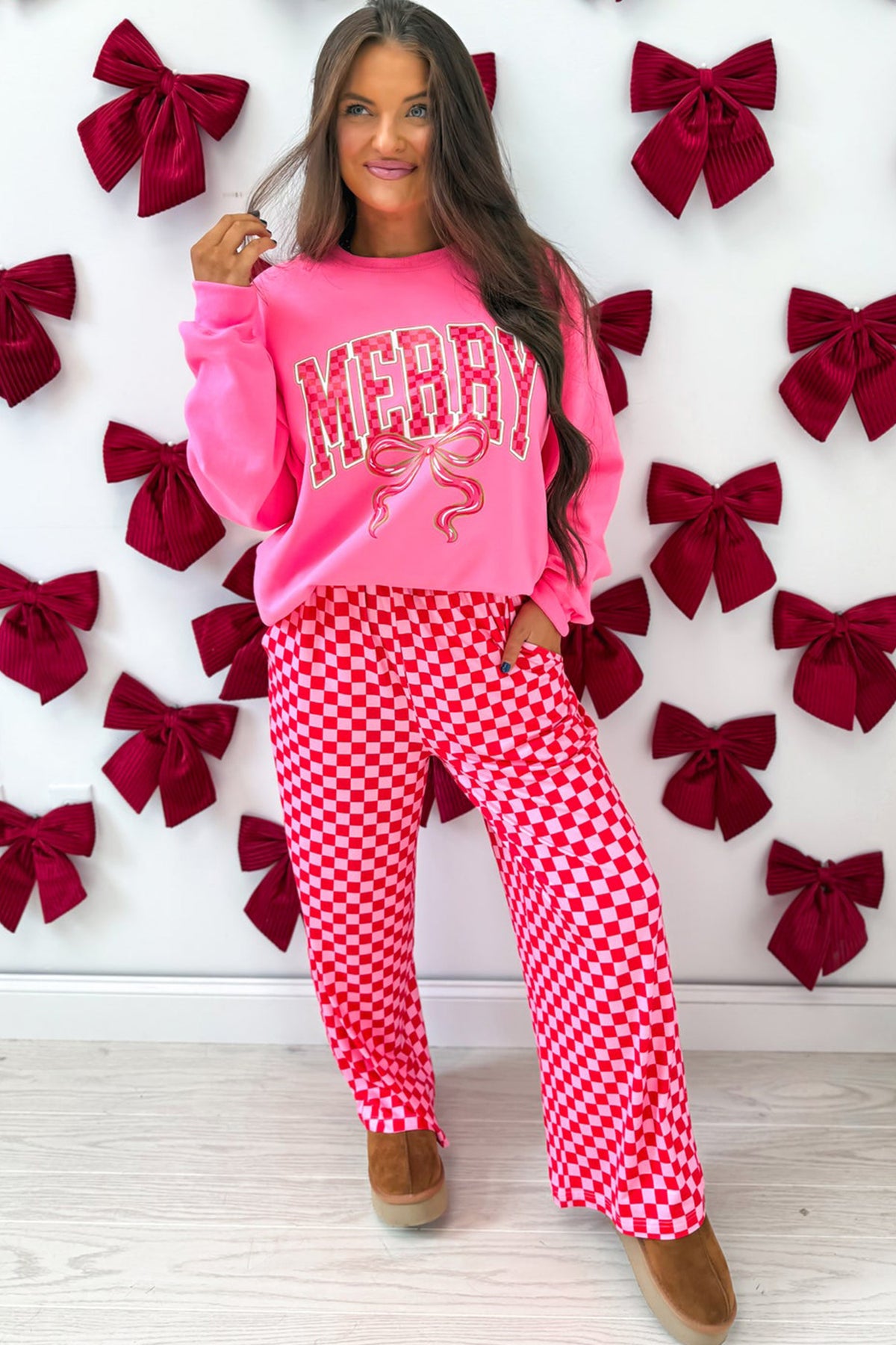 Pink Christmas Slogan Graphic Plaid Contrast Two-piece Pant Set