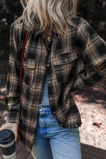 Multicolour Retro Plaid Double Flap Pocket Brushed Shacket