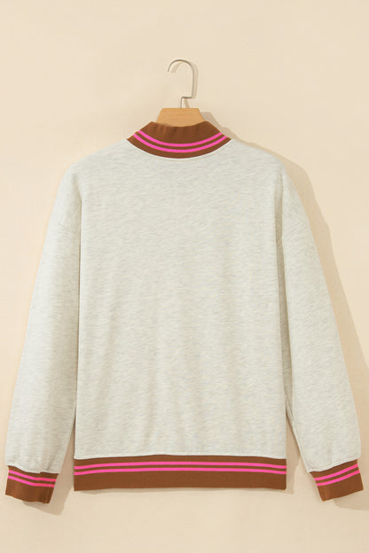 Gray Ribbed Stand Neck Long Sleeve Loose Fit Sweatshirt
