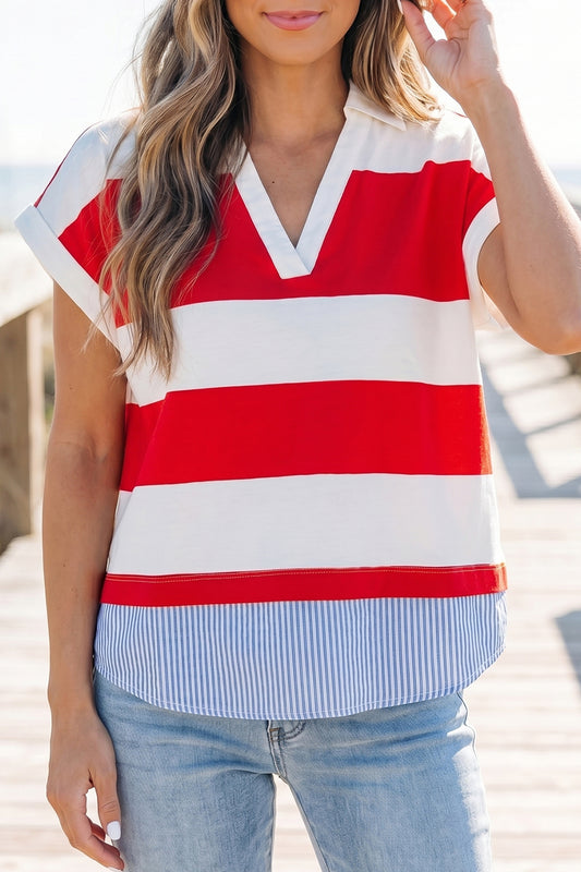 Red Stripe Collar V Neck Cuffed Dolman Short Sleeve Top