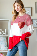 Fiery Red Valentine's Day Sequin Heart Striped Colorblock Top