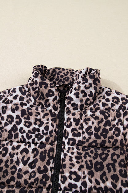 Brown Leopard Quilted Full Zipper Casual Puff Vest