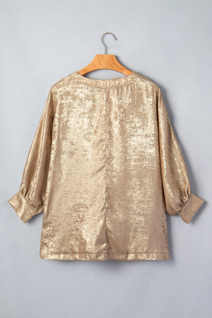 Parchment Metallic V Neck Button Cuffed Long Sleeve Dolman Blouse
