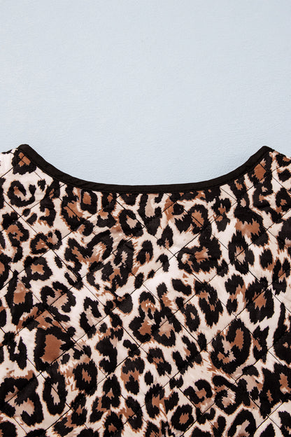 Brown Leopard Print Quilted Button Front Patch Pockets Jacket