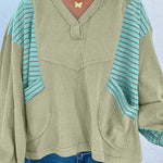 Meadow Mist Green Exposed Seam Waffle Striped Patchwork Baggy Pullover