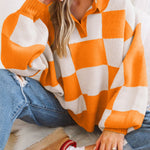 Grapefruit Orange Checkered Pattern Polo Collar Loose Sweater