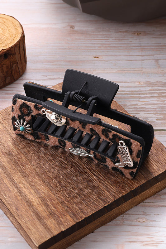 Pince à cheveux carrée à motif léopard marron et décor western