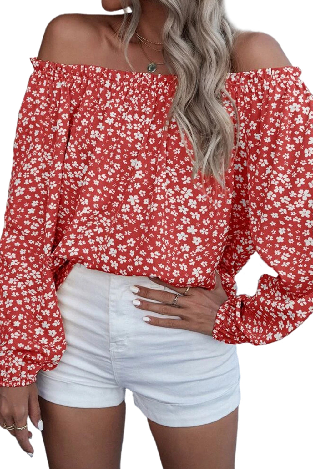 Blusa con hombros descubiertos y ribete de volantes con estampado floral amarillo 