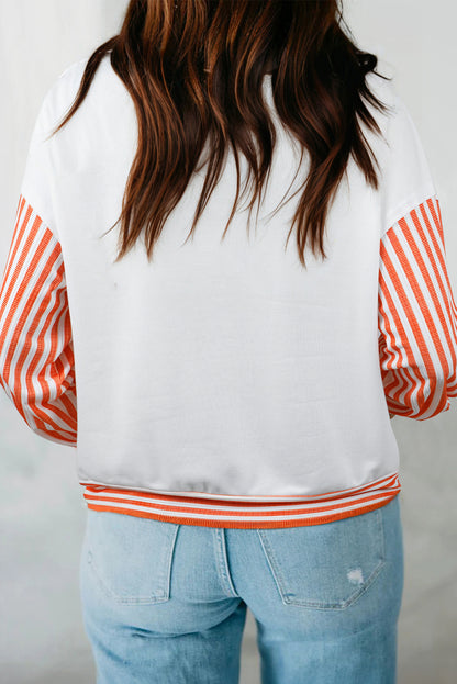 Orange Stripe  V Neck Drop Shoulder Patchwork Long Sleeve Top