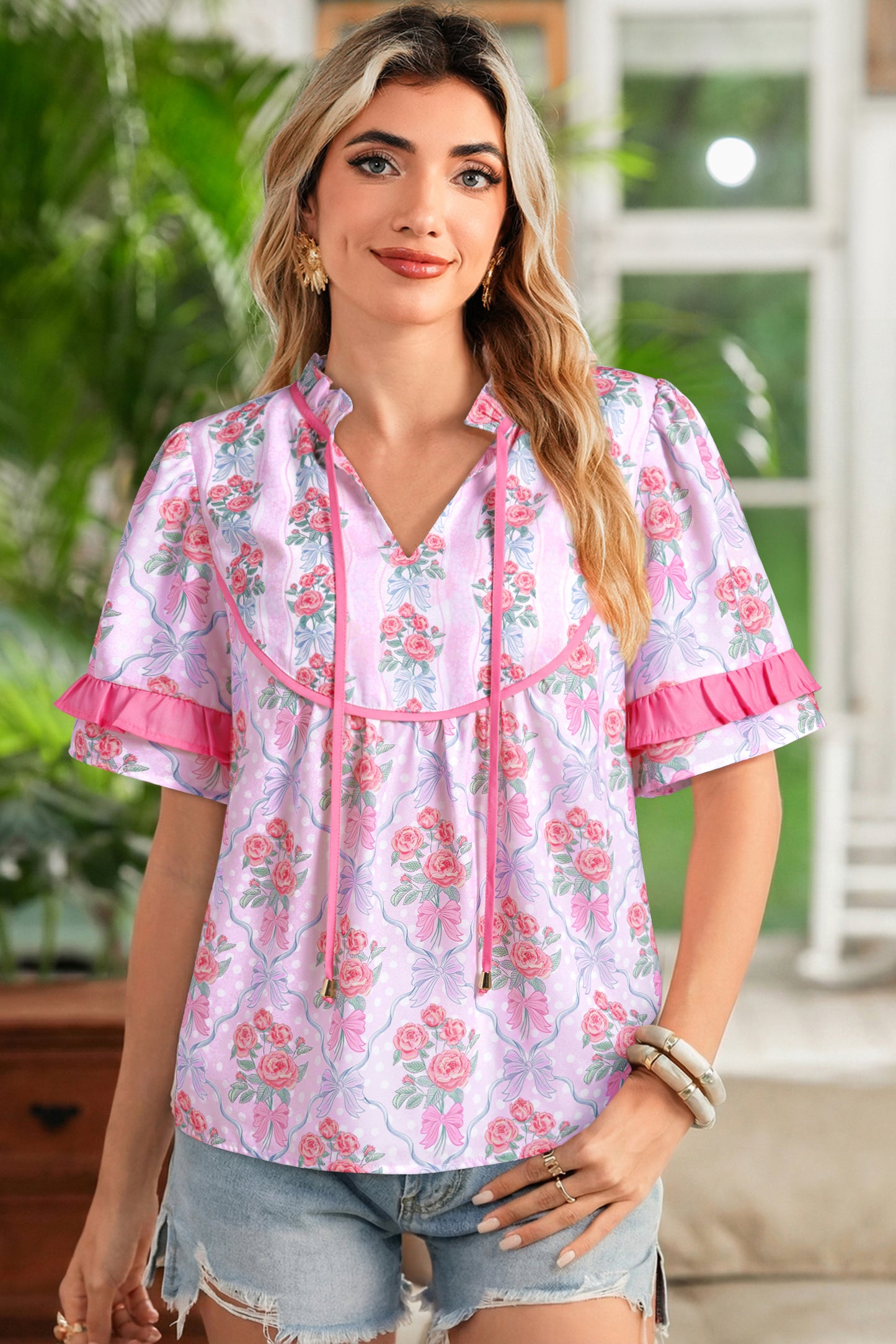 Purple Coquette Floral Bow Printed Contrast Ruffled Short Sleeve Blouse