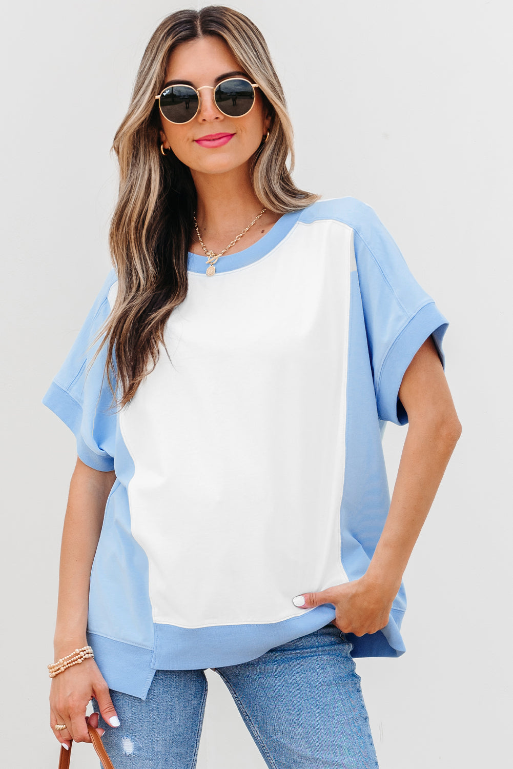 Light Green Color Block Exposed Seam Crew Neck T Shirt