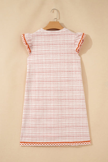 White Jacquard Textured Contrast Trim Short Sleeve Tassel Tie Shift Dress