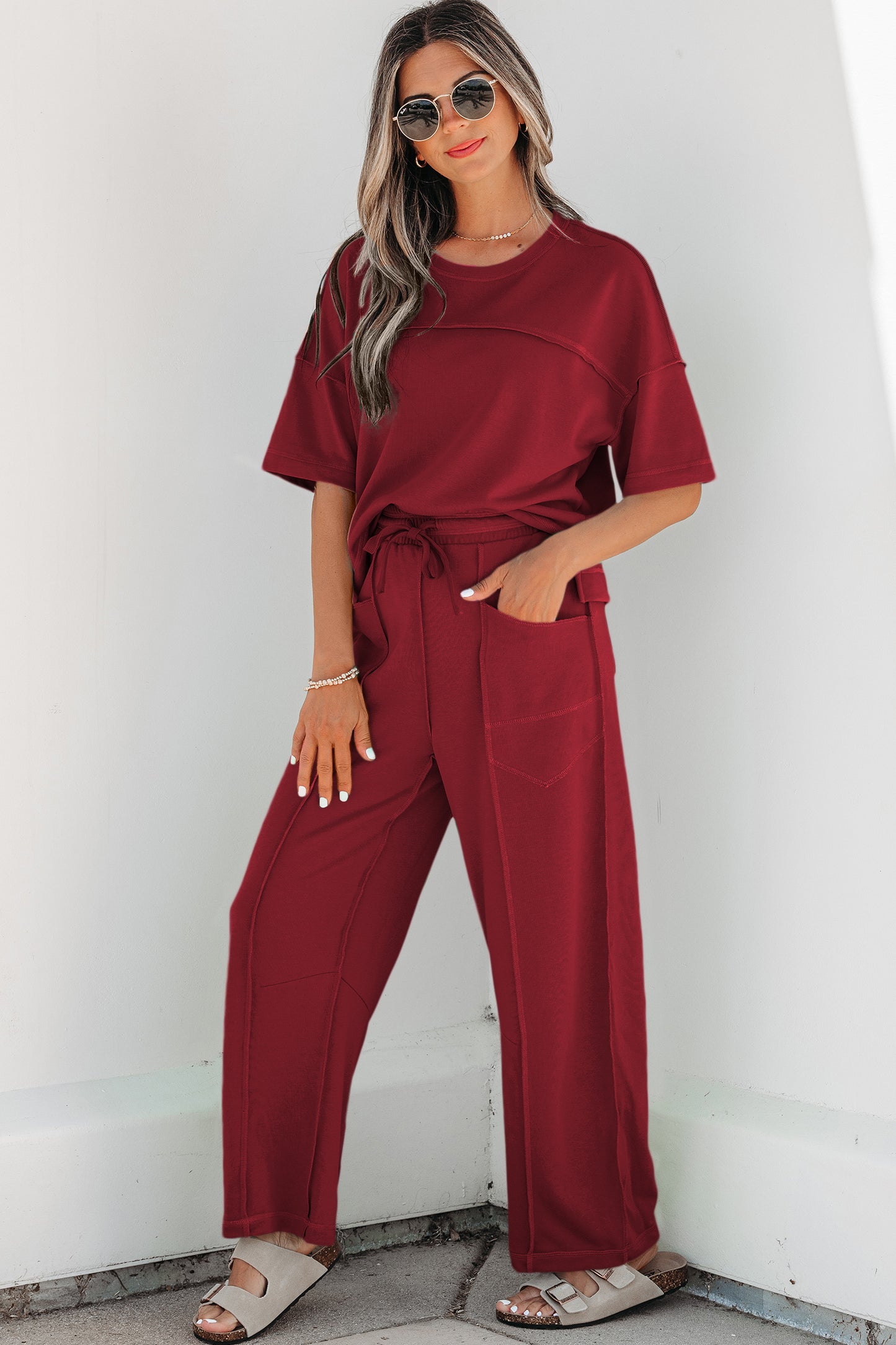 Rose Red Drop Shoulder Boxy Tee and Barrel Pants Set