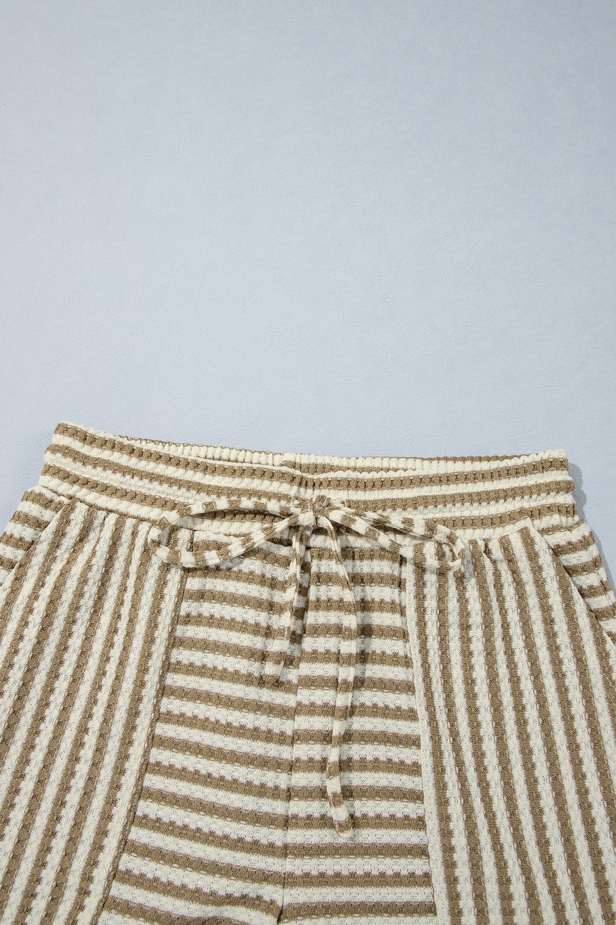 Brown Stripe Textured Knit Long Sleeve Top Elastic Waist Shorts Casual Outfit