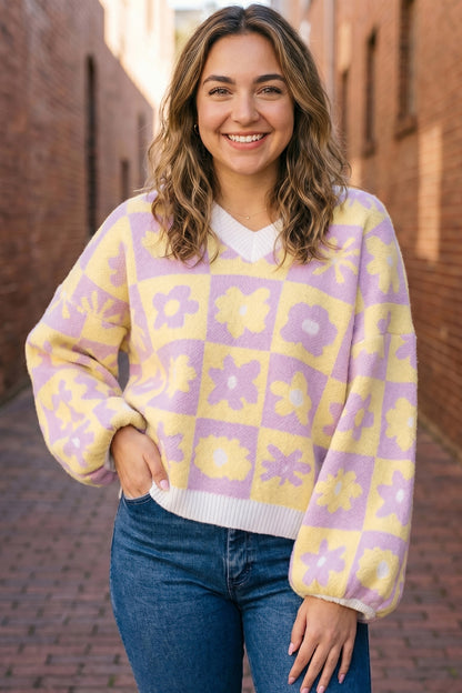 Multicolour V Neck Plaid Floral Long Sleeve Plus Size Sweater