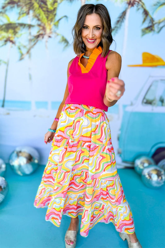 Pink Abstract Print Tiered Flowy Maxi Skirt
