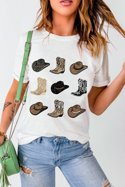 T-shirt blanc imprimé bottes de cowboy western