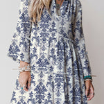 Sky Blue Boho Floral Print Lettuce Trim 3/4 Sleeve Mini Dress