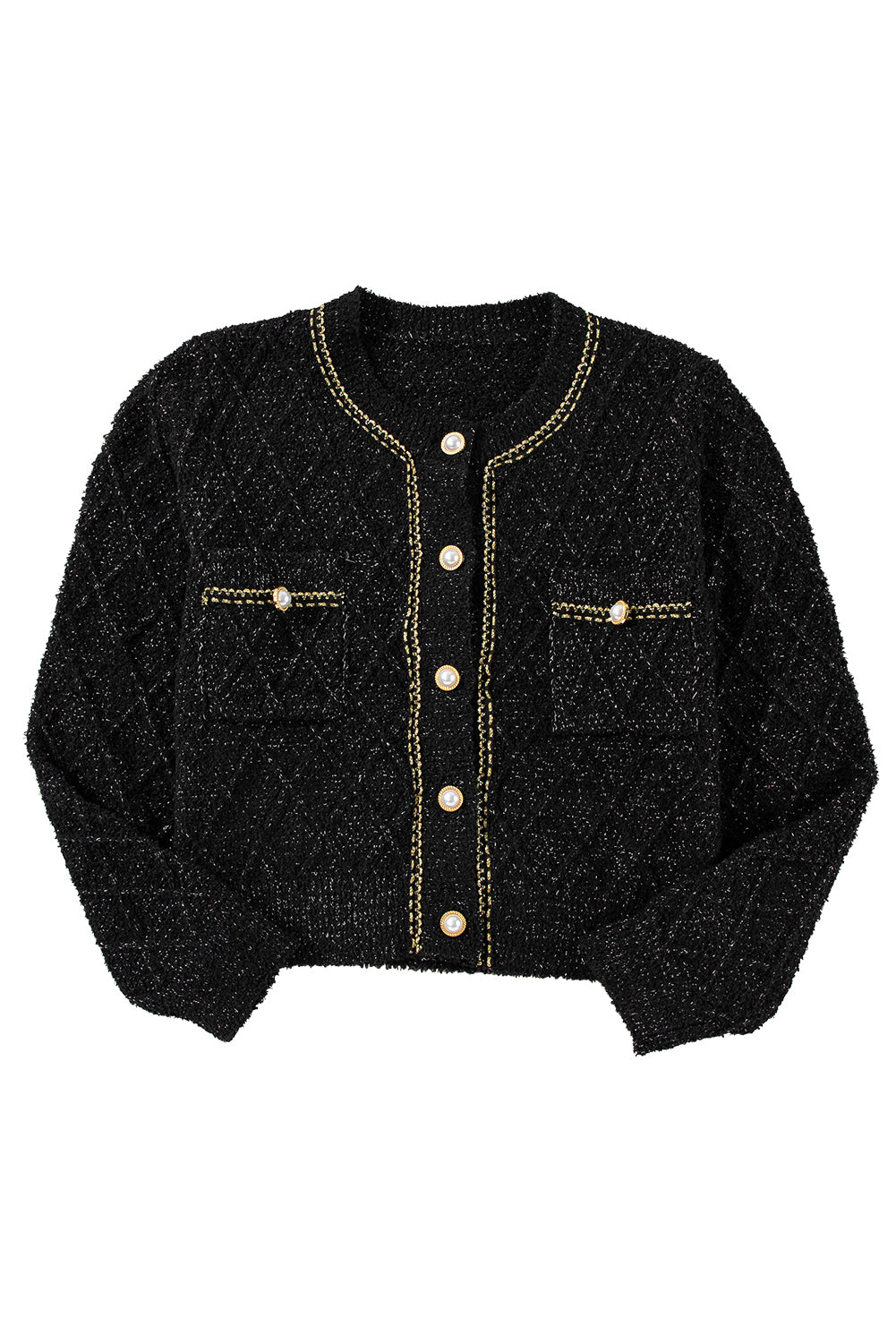 Cardigan boutonné noir scintillant avec poche à rabat
