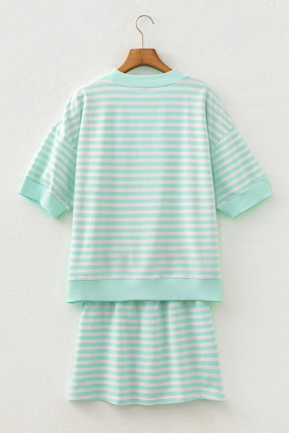 Green Stripe Ribbed Color Block Trim Half Sleeve Top Mini Skort 2pcs Outfit