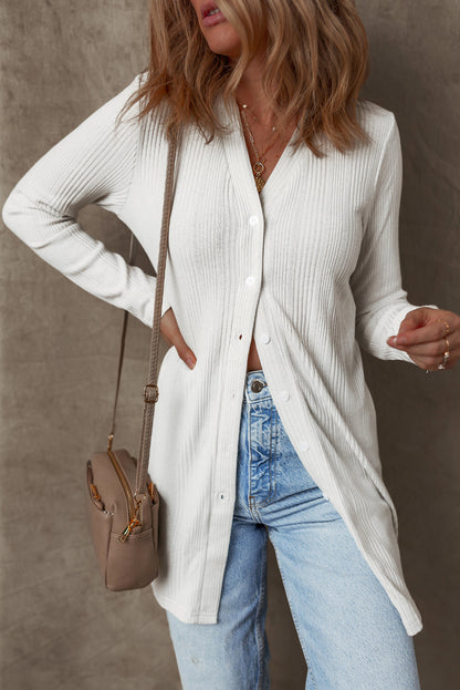 Cardigan tunique boutonné côtelé blanc uni