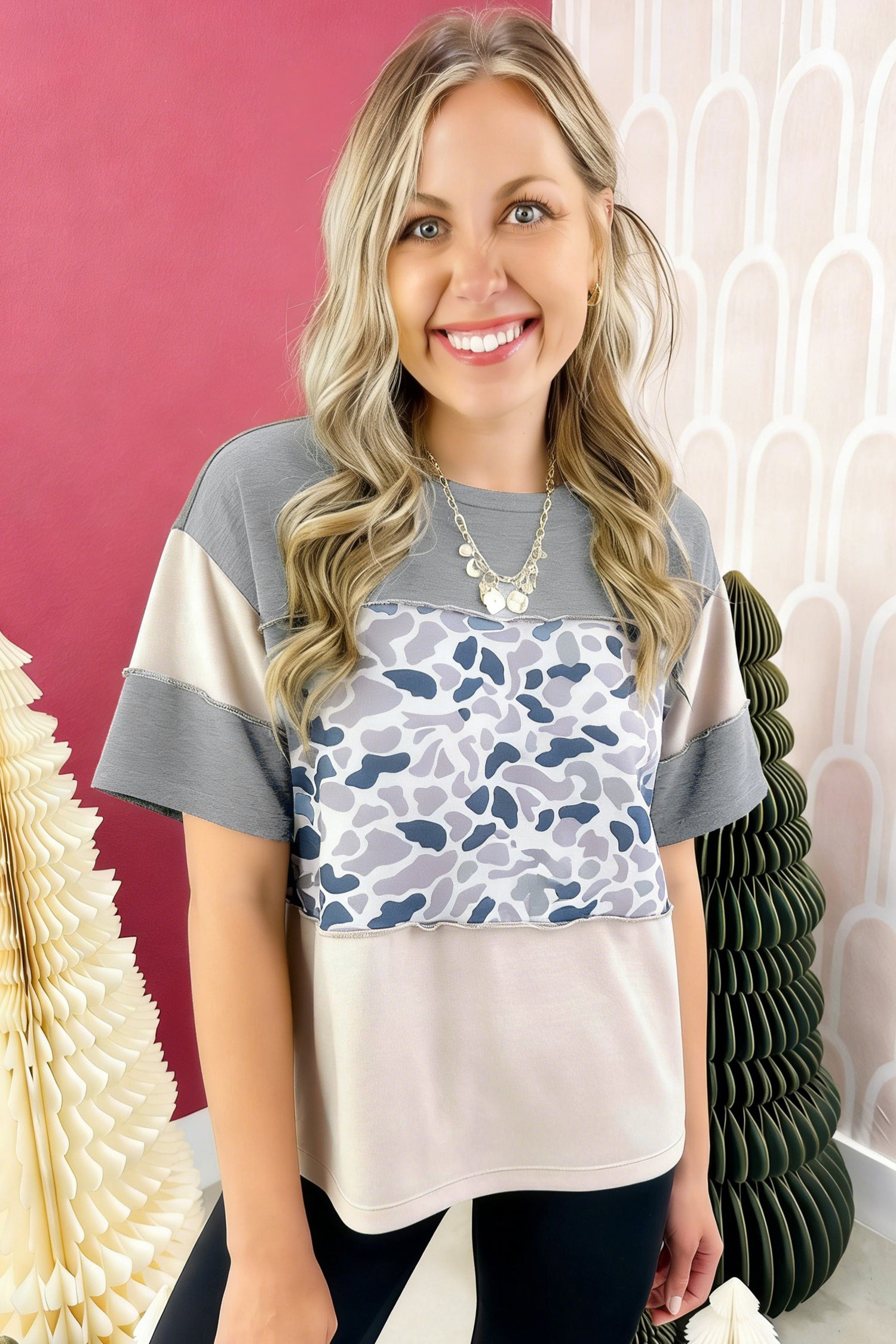 Gray Raw Seam Color Block Camouflage Patchwork Casual Tee